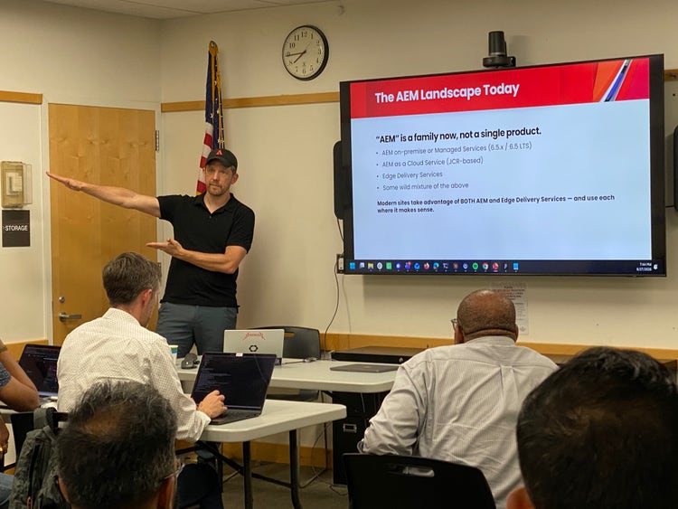 "The AEM Landscape Today": AEM is a family now, not a single product — 6.5/6.5 LTS, Cloud Service, and Edge Delivery, and modern sites use each where it makes sense.